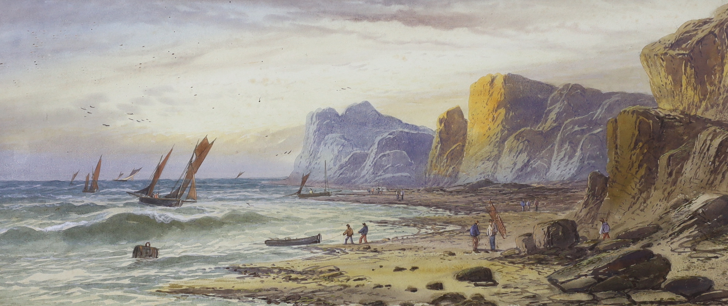Leonard Lewis (1826-1913), pair of watercolours, Coastal scenes with fishermen, signed and indistinctly dated, 22 x 52cm